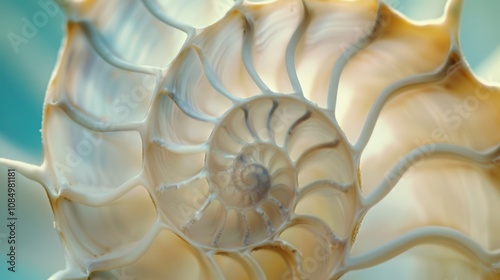 Abstract wallpaper featuring a nautilus shell, with a focus on its detailed swirl. The shell's natural beauty is a perfect example of marine life and nature.