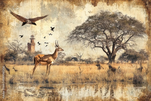 Vintage style wildlife scene with gazelle, birds and trees. photo