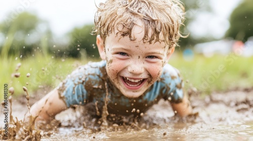 A cheerful young boy is splashing in a mud puddle, laughing happily while getting covered in mud during a fun outdoor adventure photo