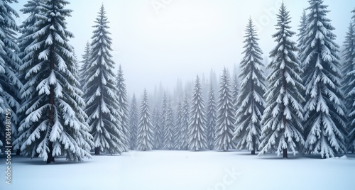 Serene winter forest landscape with snow-covered pines in foggy atmosphere, peaceful scene 