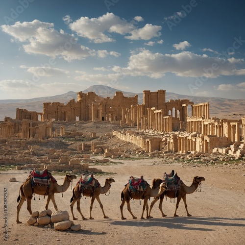 The ruins of Palmyra, Syria, with a caravan of camels crossing the horizon.

