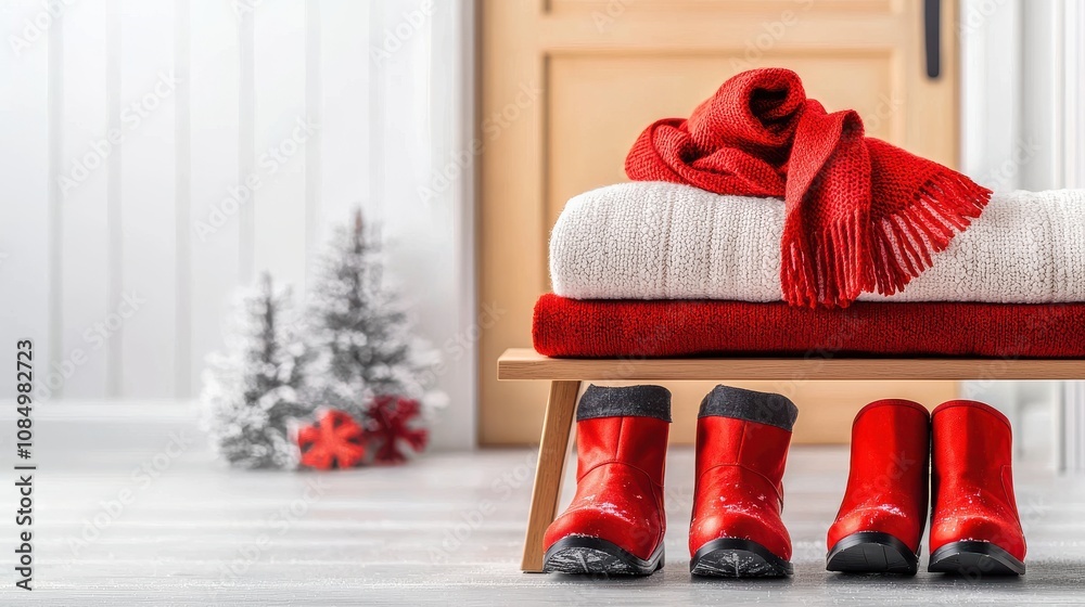 Obraz premium Winter interiors composition. Cozy winter decor with red boots and a warm blanket.