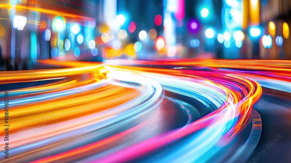 Bright, colorful light trails illuminate a busy city street at night, capturing the dynamic motion of vehicles and the festive ambiance around Bright, colorful light trails illuminate a busy city street at night, capturing the dynamic motion of vehicles and the festive ambiance around