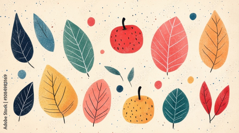 Playful illustration of colorful autumn leaves and fruits in a simple, modern style on a speckled beige background. Playful illustration of colorful autumn leaves and fruits in a simple, modern style on a speckled beige background.
