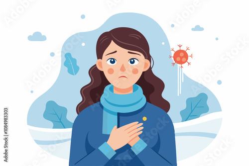 Woman Feeling Cold Indoors During Winter Season. Woman Feeling Chilly Indoors During Autumn. A woman struggling with cold room at home in winter - Measures to prevent colds and poor circulation.