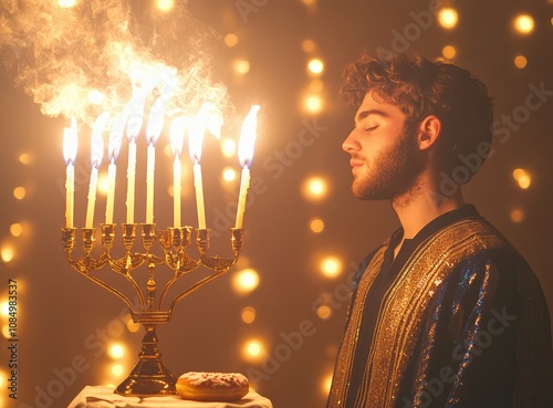 Photo of a Jewish holiday Hanukkah scene: a man in a minimalist, time-travel-inspired outfit stands against a background of otherworldly lights. photo