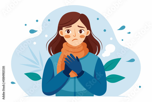 Woman Feeling Cold Indoors During Winter Season. Woman Feeling Chilly Indoors During Autumn. A woman struggling with cold room at home in winter - Measures to prevent colds and poor circulation.