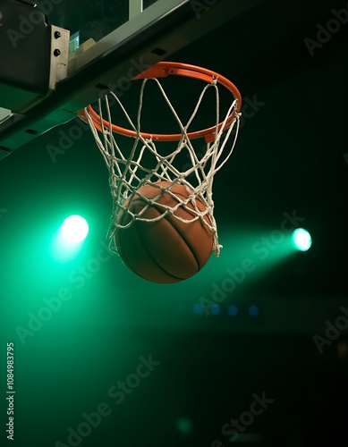 Focus shot of basketball ball through the hoop against blurred green spotlight background, sports concept