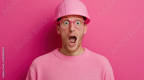 A construction worker in a hard hat and glasses expresses shock, with vivid pink surroundings while on a break at a job site photo