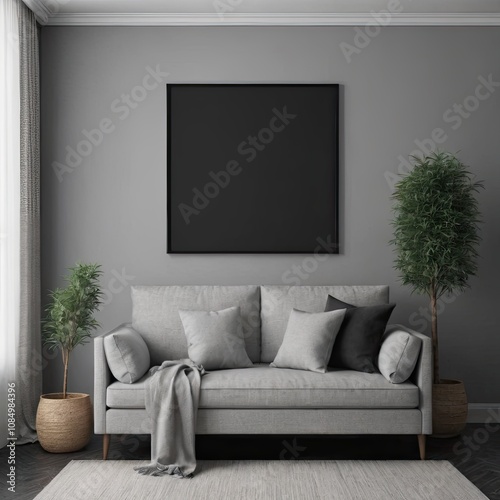 Cozy Modern Living Room Interior with Elegant Furniture and Blank Canvas on Bold Black Wall – 3D Rendering
