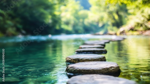 Wallpaper Mural Stepping stones create a tranquil walkway over clear water, inviting exploration in a lush, green environment illuminated by soft sunlight Torontodigital.ca