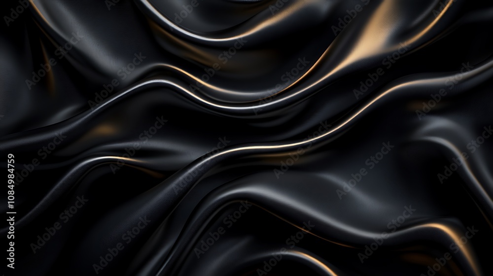 Fototapeta premium Black silk satin background with waves, Abstract background silky fabric