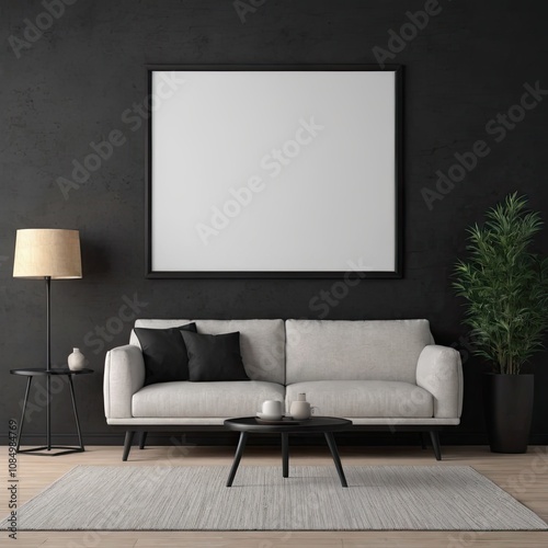 Cozy Modern Living Room Interior with Elegant Furniture and Blank Canvas on Black Wall – 3D Rendering