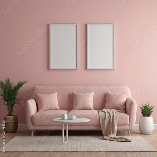 Cozy Modern Living Room Interior with Elegant Furniture and Blank Canvas on Pink Wall – 3D Rendering