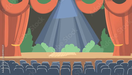 Illustration of a theater stage with seats and curtains. Vector illustration