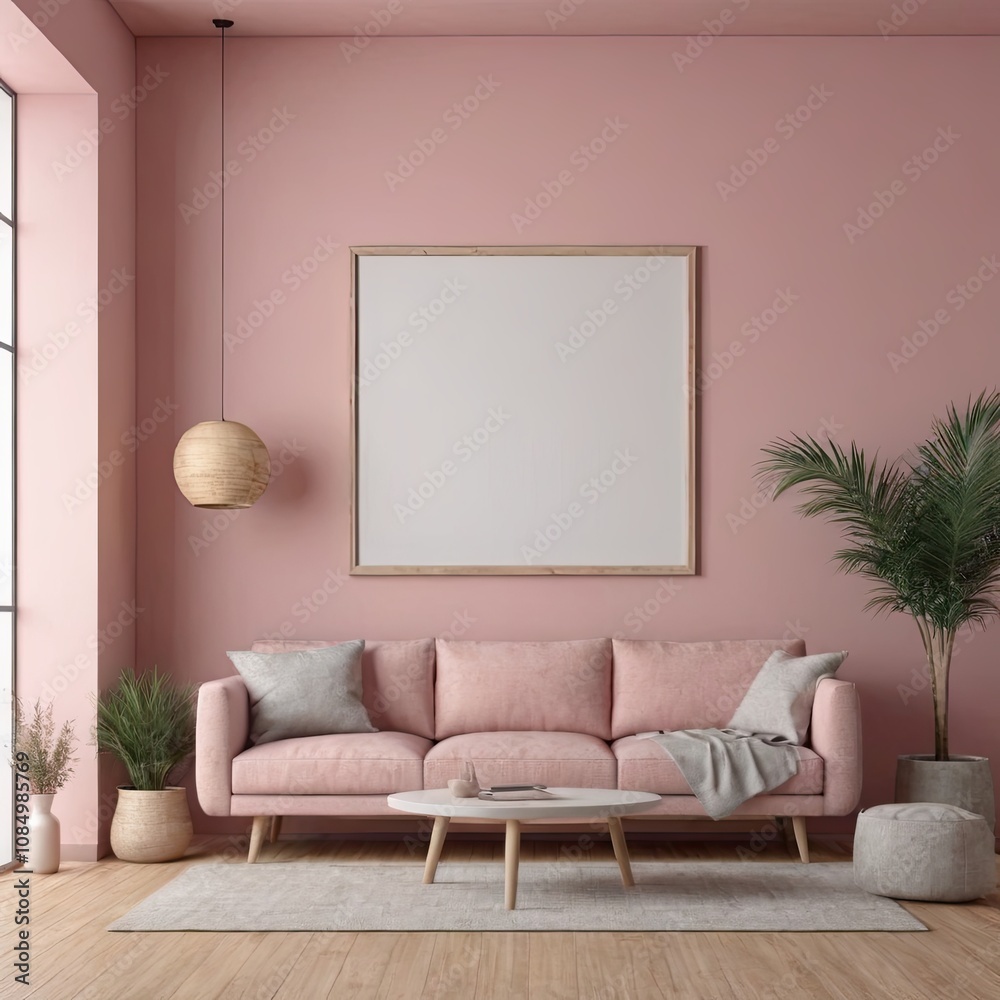 Cozy Modern Living Room Interior with Elegant Furniture and Blank Canvas on Pink Wall – 3D Rendering Cozy Modern Living Room Interior with Elegant Furniture and Blank Canvas on Pink Wall – 3D Rendering