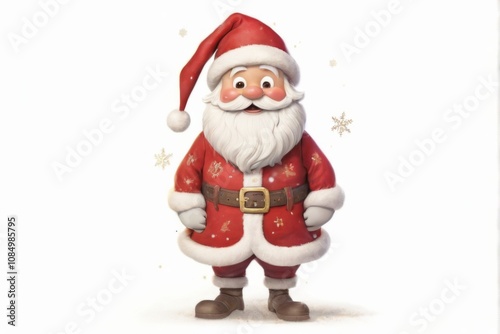 Whimsical Cartoon Santa Claus in Traditional Red Suit with Snowflakes, Smiling and Standing with Hands in Pockets