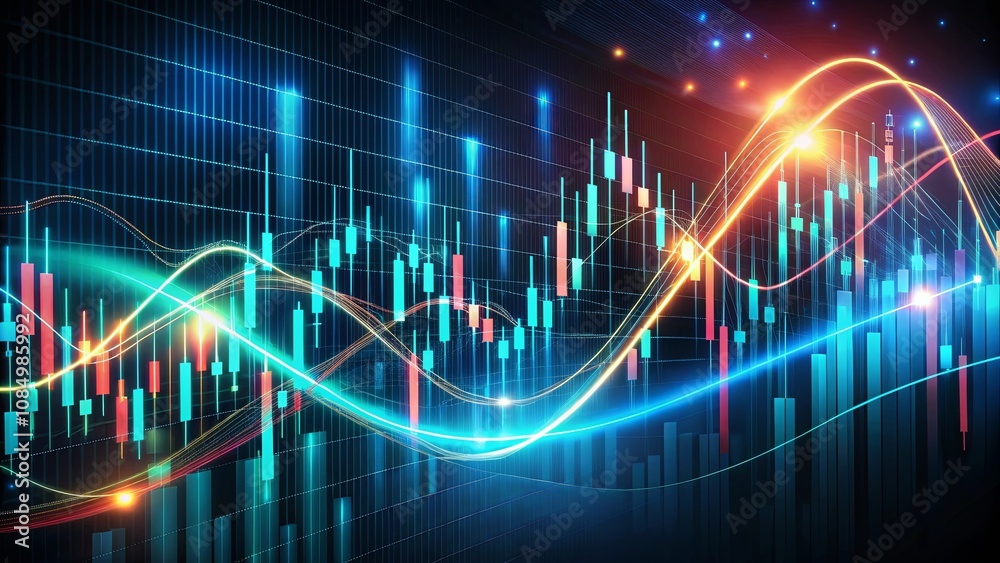 Fototapeta premium Abstract Data Visualization of Fluctuating Market Trends with Glowing Lines and Bar Charts