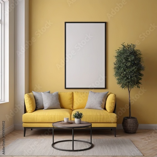 Cozy Modern Living Room Interior with Elegant Furniture and Blank Canvas on Bold Yellow Wall – 3D Rendering