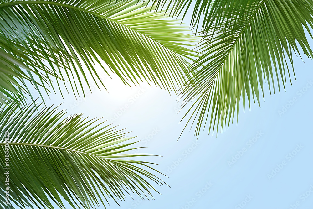 Naklejka premium Lush green palm fronds against a bright sky, creating a tropical atmosphere.