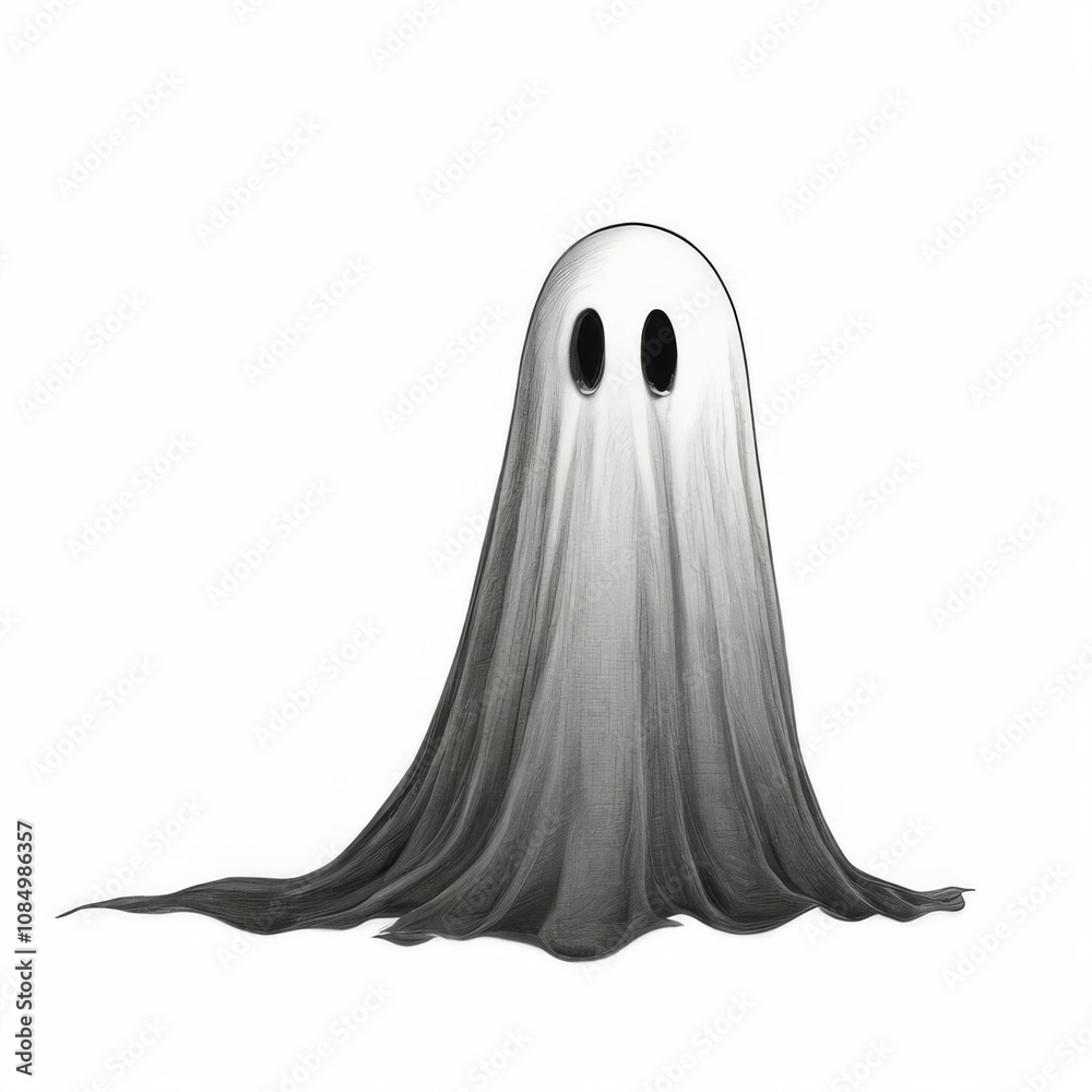 Ghostly black and white illustration with thin lines, simple sketchlike style, and a wavy linecovered body on white background. Ghostly black and white illustration with thin lines, simple sketchlike style, and a wavy linecovered body on white background.