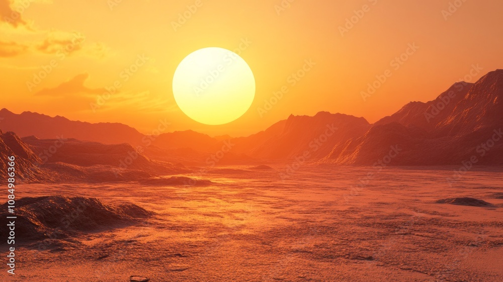 A large sun is setting over a desert landscape A large sun is setting over a desert landscape