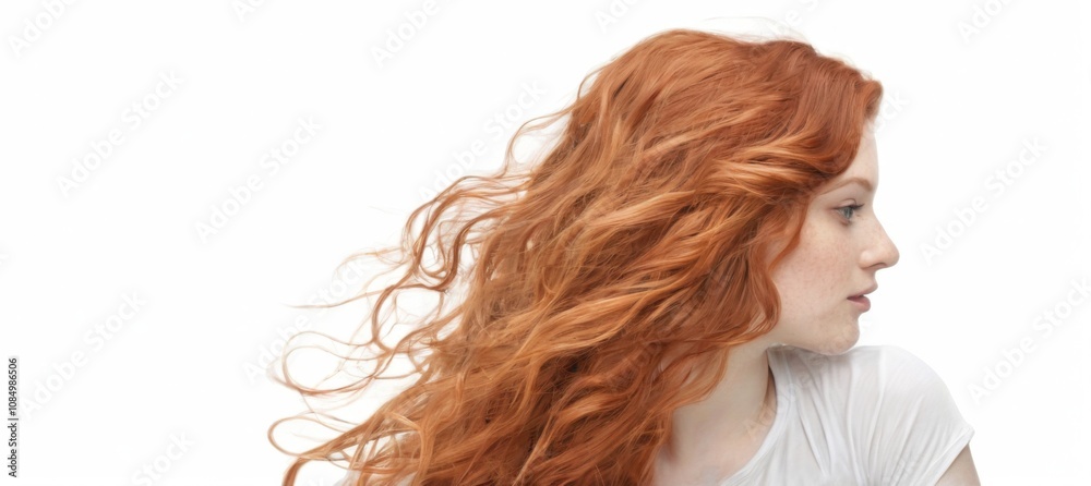 Serious young woman with long wavy red hair styled in loose curls, wearing white top, against plain white background. Serious young woman with long wavy red hair styled in loose curls, wearing white top, against plain white background.