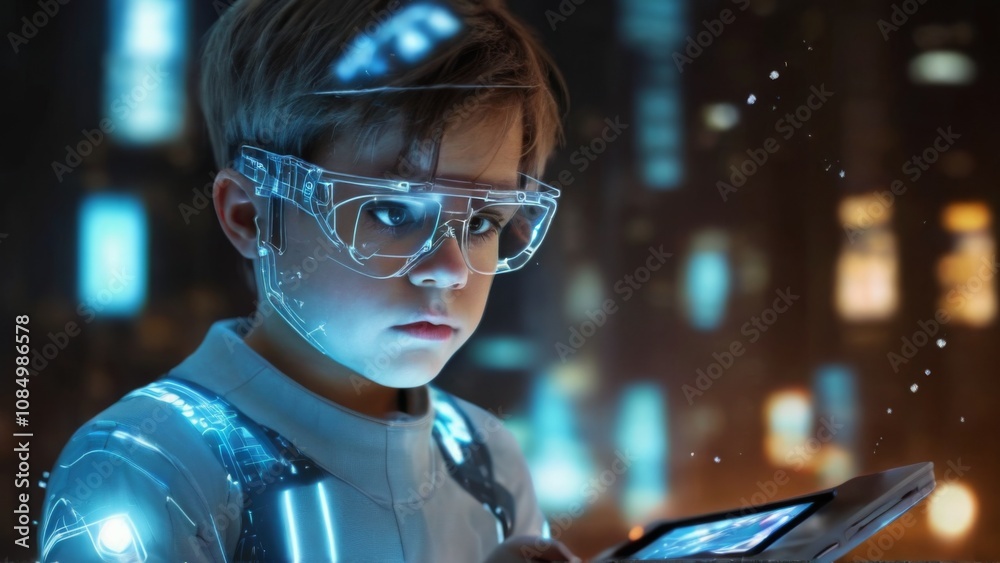Futuristic Young Boy in HighTech Gear, Holding Tablet in Cityscape. Futuristic Young Boy in HighTech Gear, Holding Tablet in Cityscape.