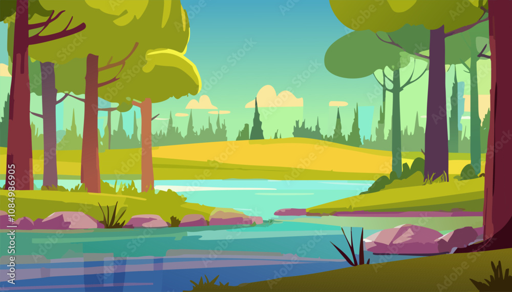 Landscape with river and forest. Vector illustration in flat style. Landscape with river and forest. Vector illustration in flat style.