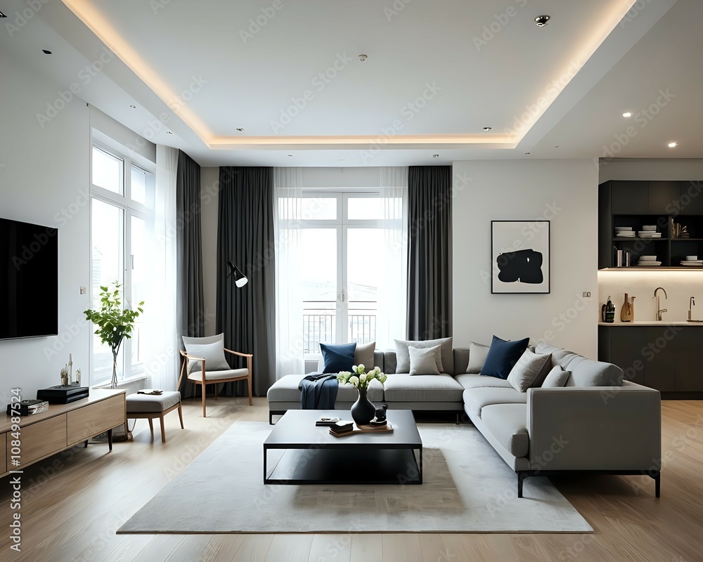 Fototapeta premium Minimalist living room interior design that prioritizes simplicity and functionality