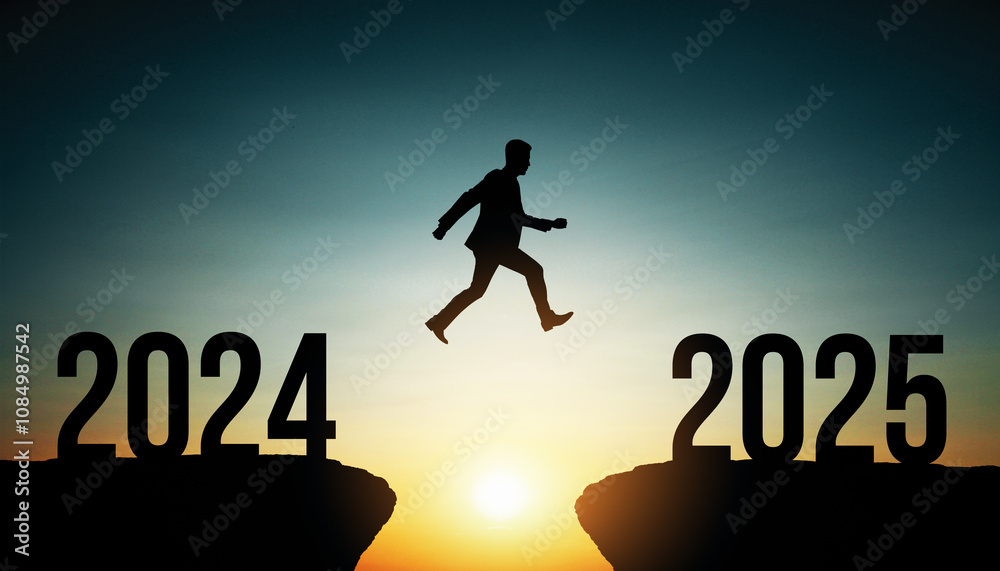 © Who is Danny - Businessman Leaping from 2024 to 2025 in Silhouette Against Sunrise.