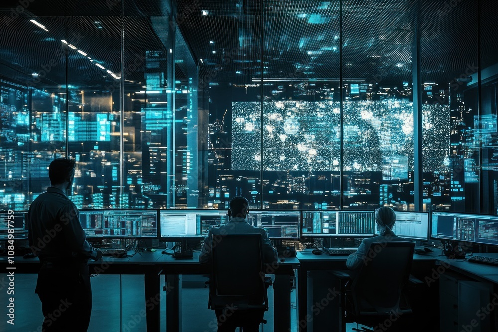 Three IT specialists are working in a dark room with blue lighting. They are looking at computer screens with data and a large monitor displaying world map with glowing dots. Three IT specialists are working in a dark room with blue lighting. They are looking at computer screens with data and a large monitor displaying world map with glowing dots.