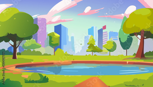 City landscape with lake, trees and skyscrapers. Vector illustration