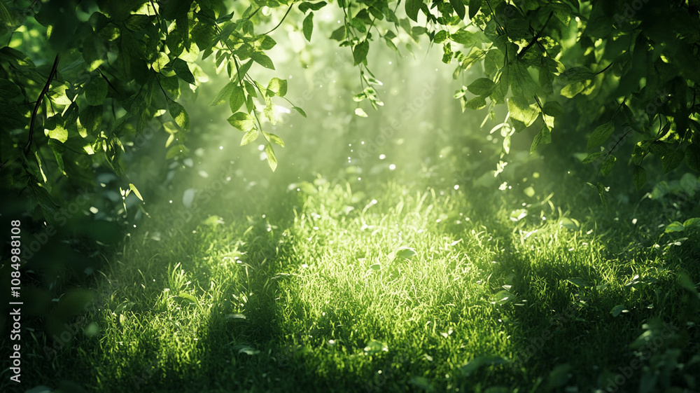 Fototapeta premium Green lawn with copyspace and flare. Generative AI