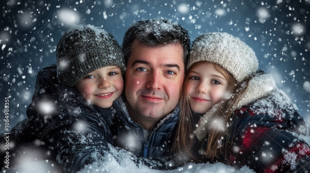 A man and two children are posing for a picture in the snow A man and two children are posing for a picture in the snow