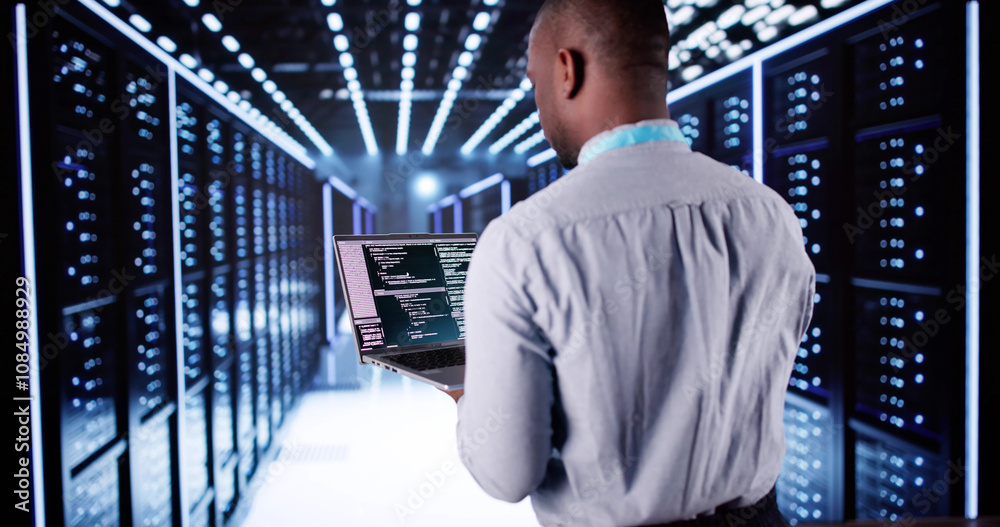 Fototapeta premium Happy Engineer In Data Center Server Room Configuring AI