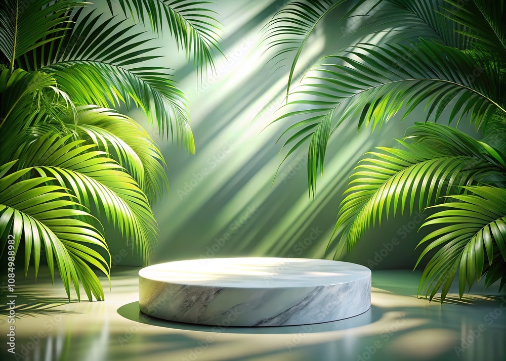 Fototapeta premium Marble Platform Product Display, Tropical Leaves, Photography