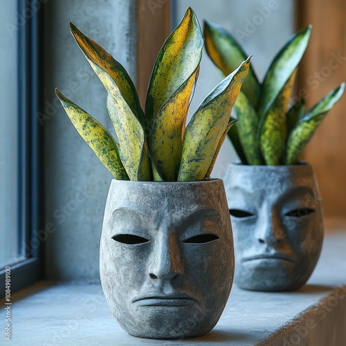 Two snake plants in grey face-shaped pots on a windowsill. photo