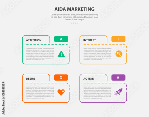 AIDA marketing infographic outline style with 4 point template with box table folder shape for slide presentation