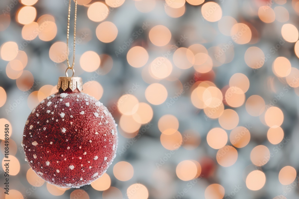 A frosted red ornament and Christmas Lights.A close-up of a red Christmas ornament covered in glitter, hanging against a backdrop of soft, blurred bokeh lights, evoking a festive holiday spirit. A frosted red ornament and Christmas Lights.A close-up of a red Christmas ornament covered in glitter, hanging against a backdrop of soft, blurred bokeh lights, evoking a festive holiday spirit.