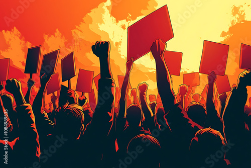 A vibrant illustration of a protest with raised fists and blank signs against a dramatic sunset.