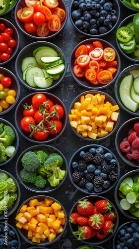 Colorful Fresh Fruits and Vegetables in Black Bowls