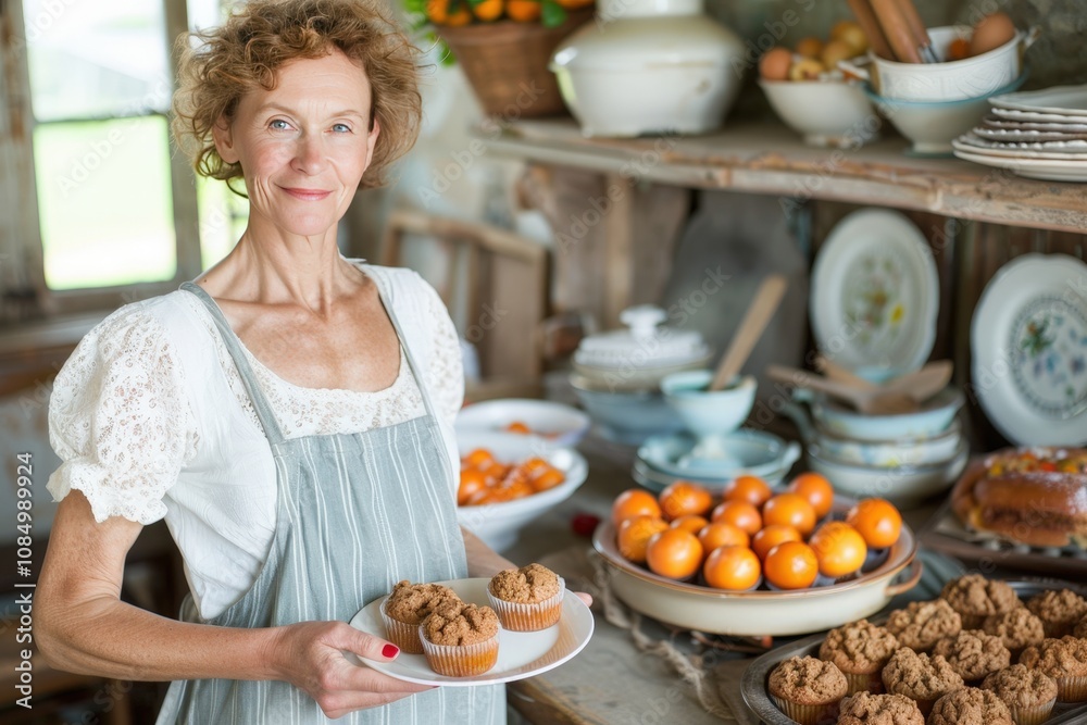 A woman is holding a plate of muffins and smiling A woman is holding a plate of muffins and smiling
