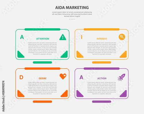 AIDA marketing infographic outline style with 4 point template with round rectangle box with full accessories badge for slide presentation