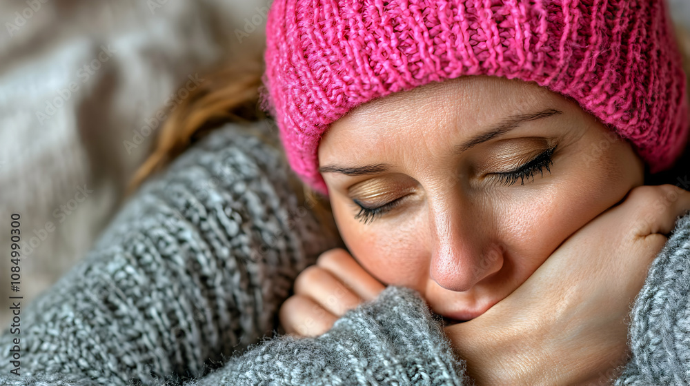 Close Up Photo of Woman's Face in Pink Beanie and Gray Sweater Close Up Photo of Woman's Face in Pink Beanie and Gray Sweater
