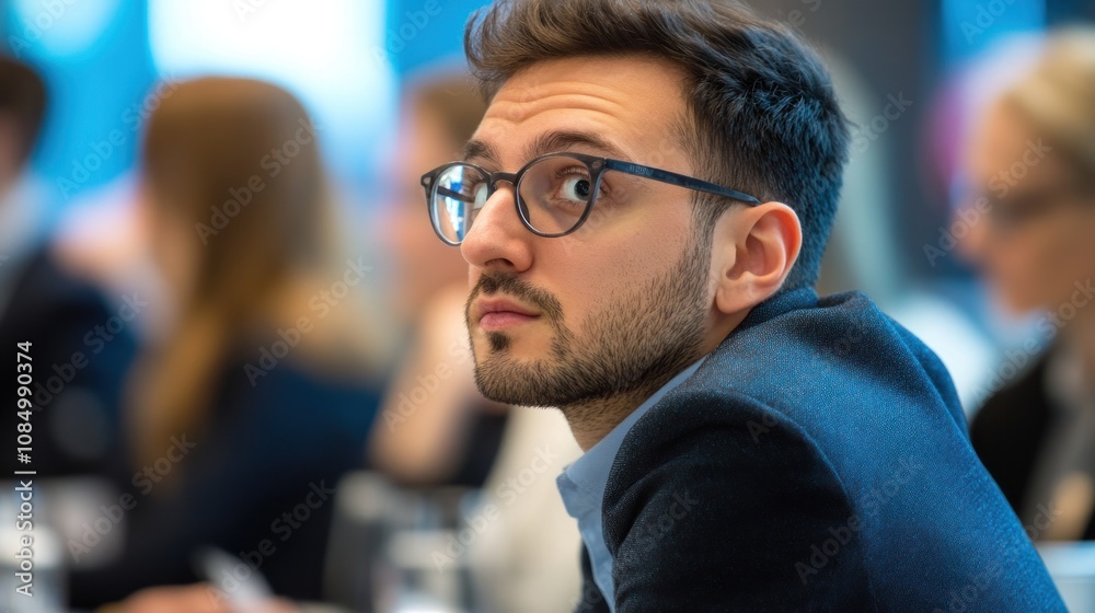 A young businessman in a suit and glasses looks attentively to the side in a conference setting. A young businessman in a suit and glasses looks attentively to the side in a conference setting.