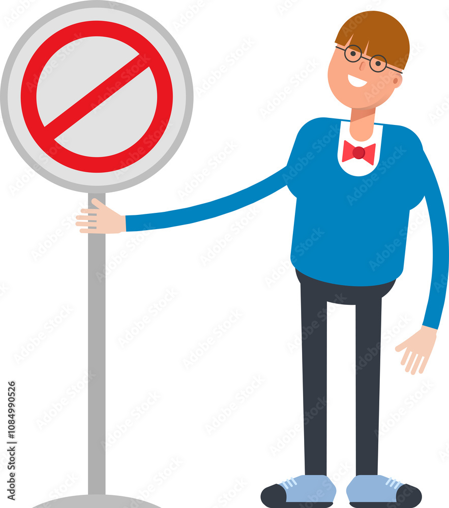 Boy with Bowtie Suit Character and Prohibition Signage
Boy with Bowtie Suit Character and Prohibition Signage