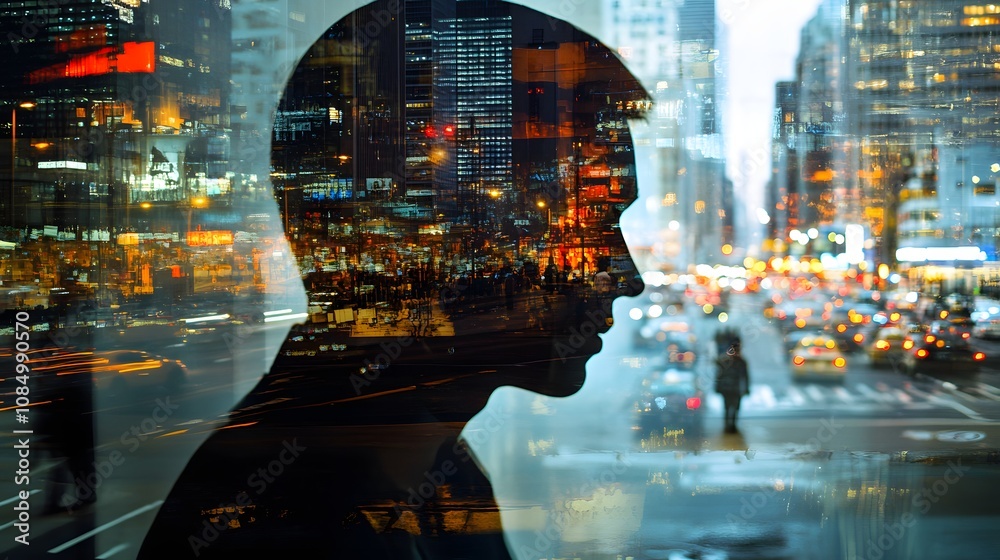 Fototapeta premium 22. A business leader is face with a double exposure of city streets, traffic, and a fast-paced economy