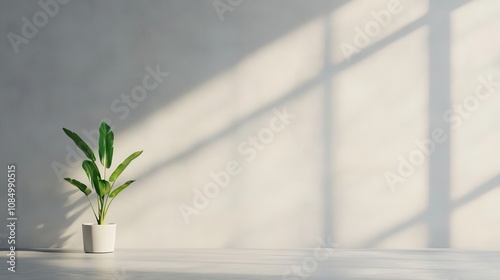 Frugality minimalism choices type. A single green plant in a minimalist pot against a light wall.