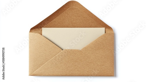 Plain brown envelope with a visible card inside, isolated on white.